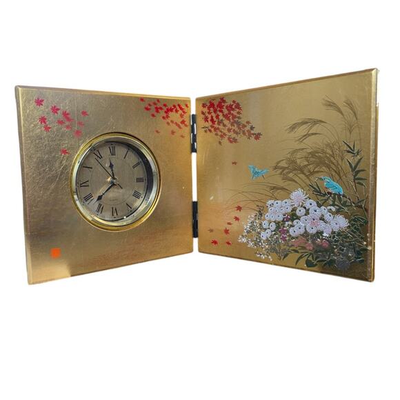 Japanese Folding Table Quartz Clock Hakuichi Gold Leaf Cherry Blossom and Birds - Picture 1 of 10